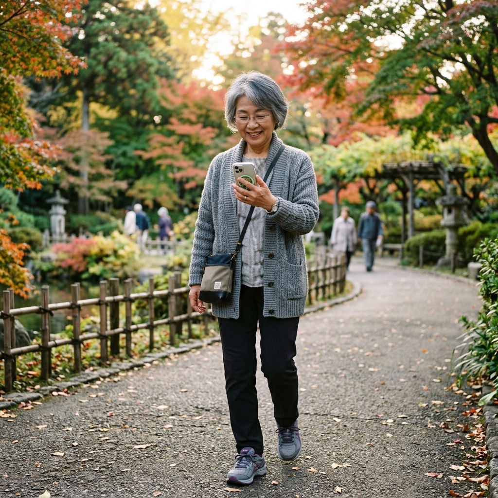 歩数計を見るシニア女性