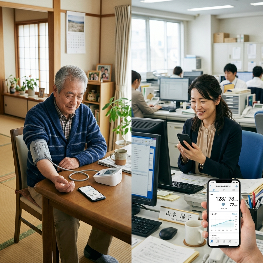 離れた家族がスマホで健康データを共有している様子