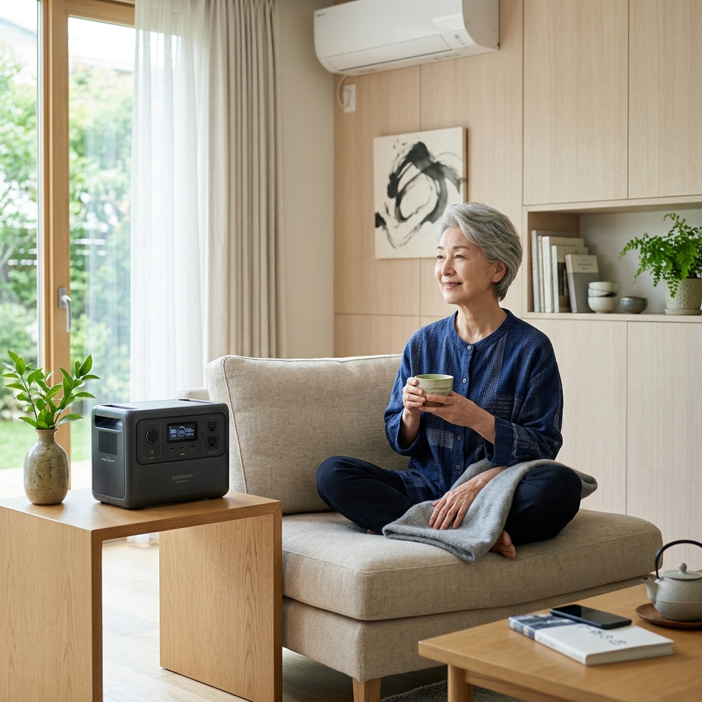涼しい部屋で安心する高齢女性とエコフロー