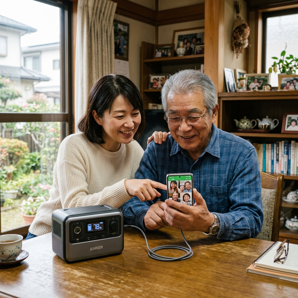 スマホの画面を見て困っている高齢男性をサポートする様子
