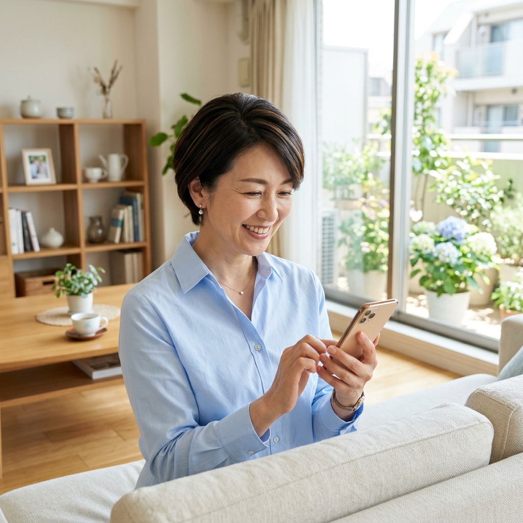 スマホを見て安堵の表情を浮かべる40代女性