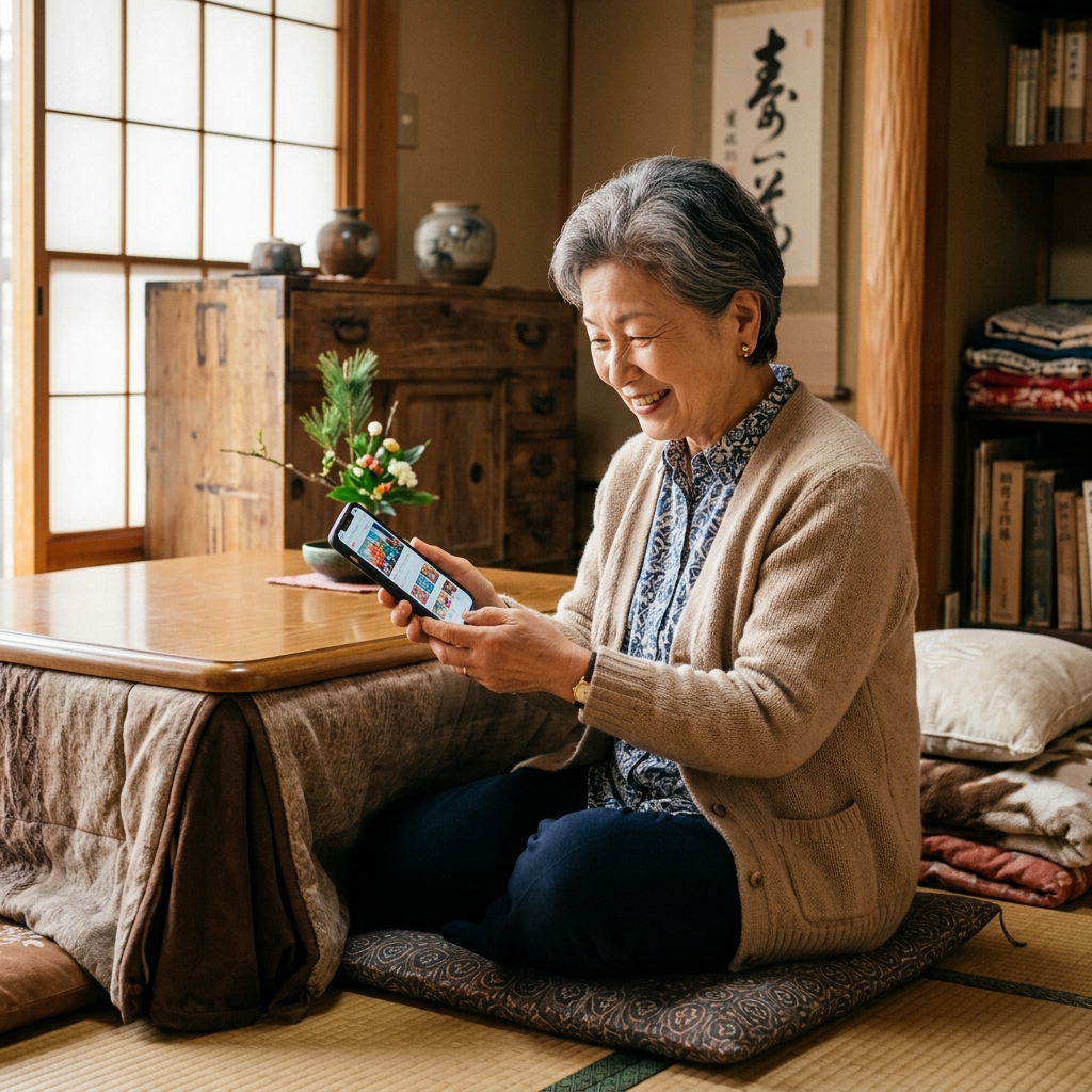 スマホを見て優しく微笑む70代の母親
