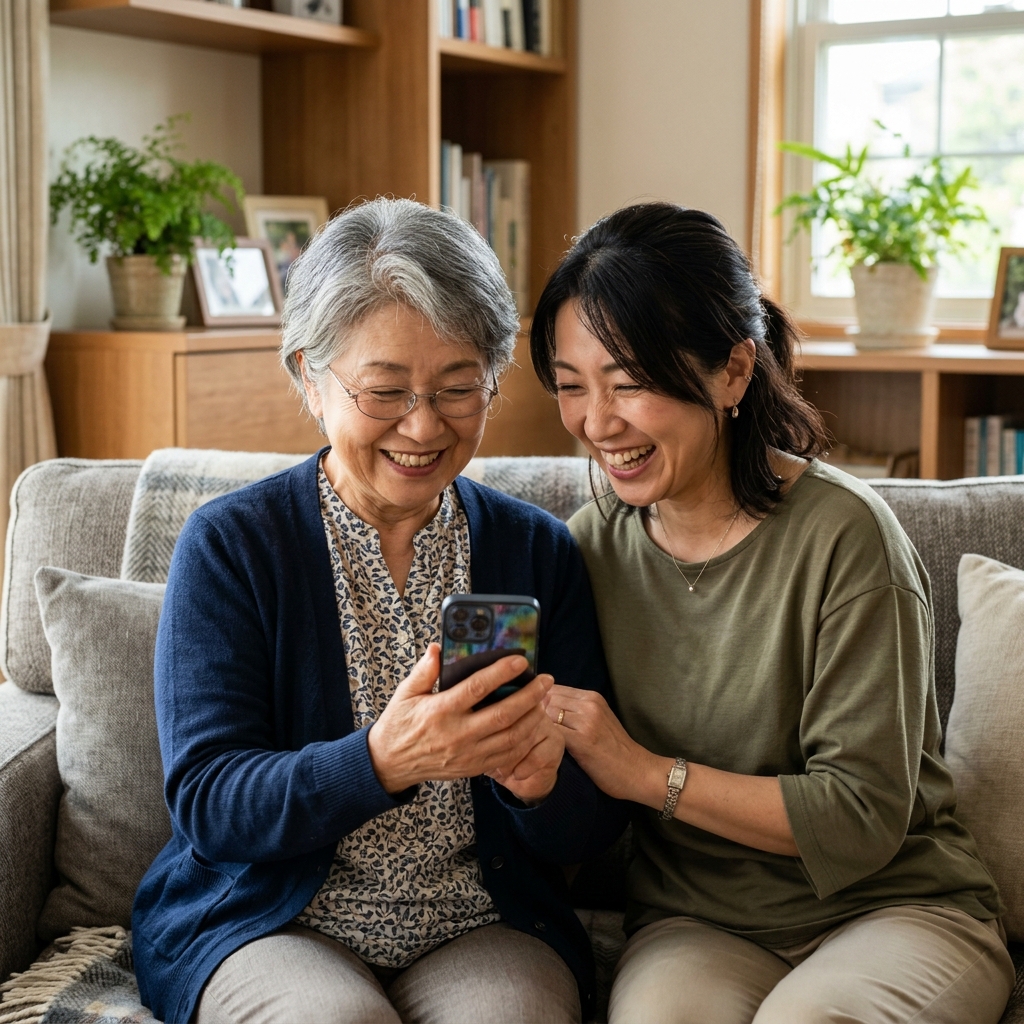 ソファで楽しく会話しながらスマホを見る母娘