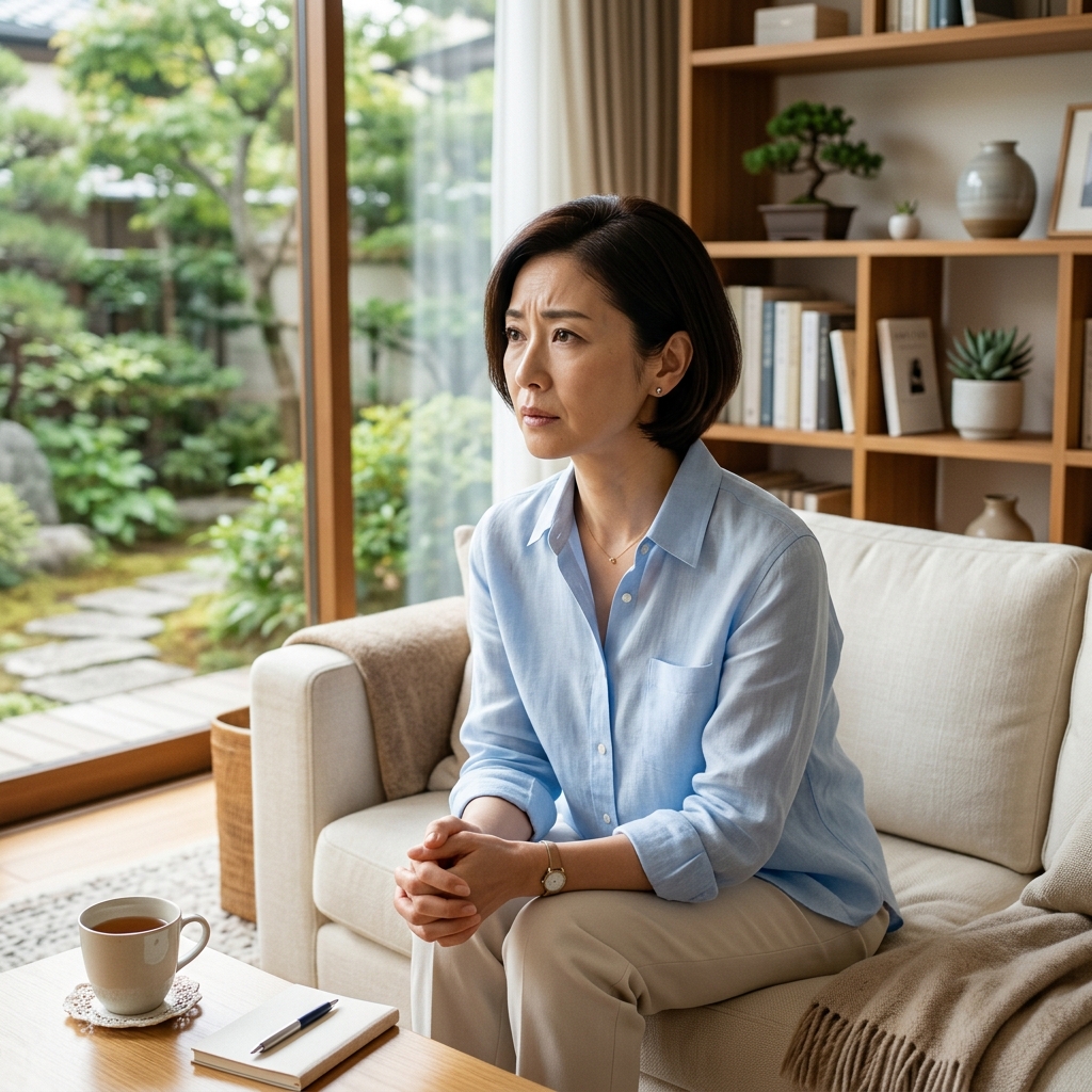 実家の親を思い少し不安な表情を見せる40代女性