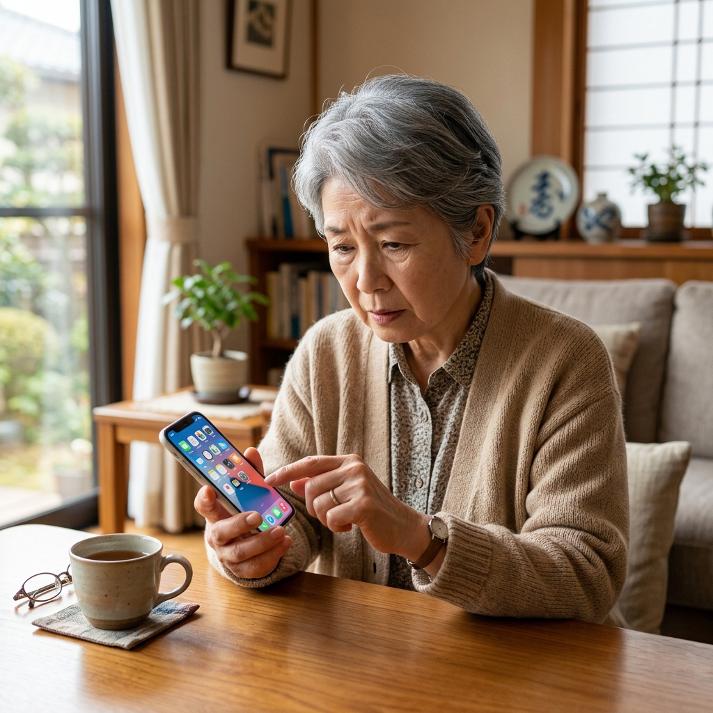 一生懸命スマホを操作しようとする70代の母親