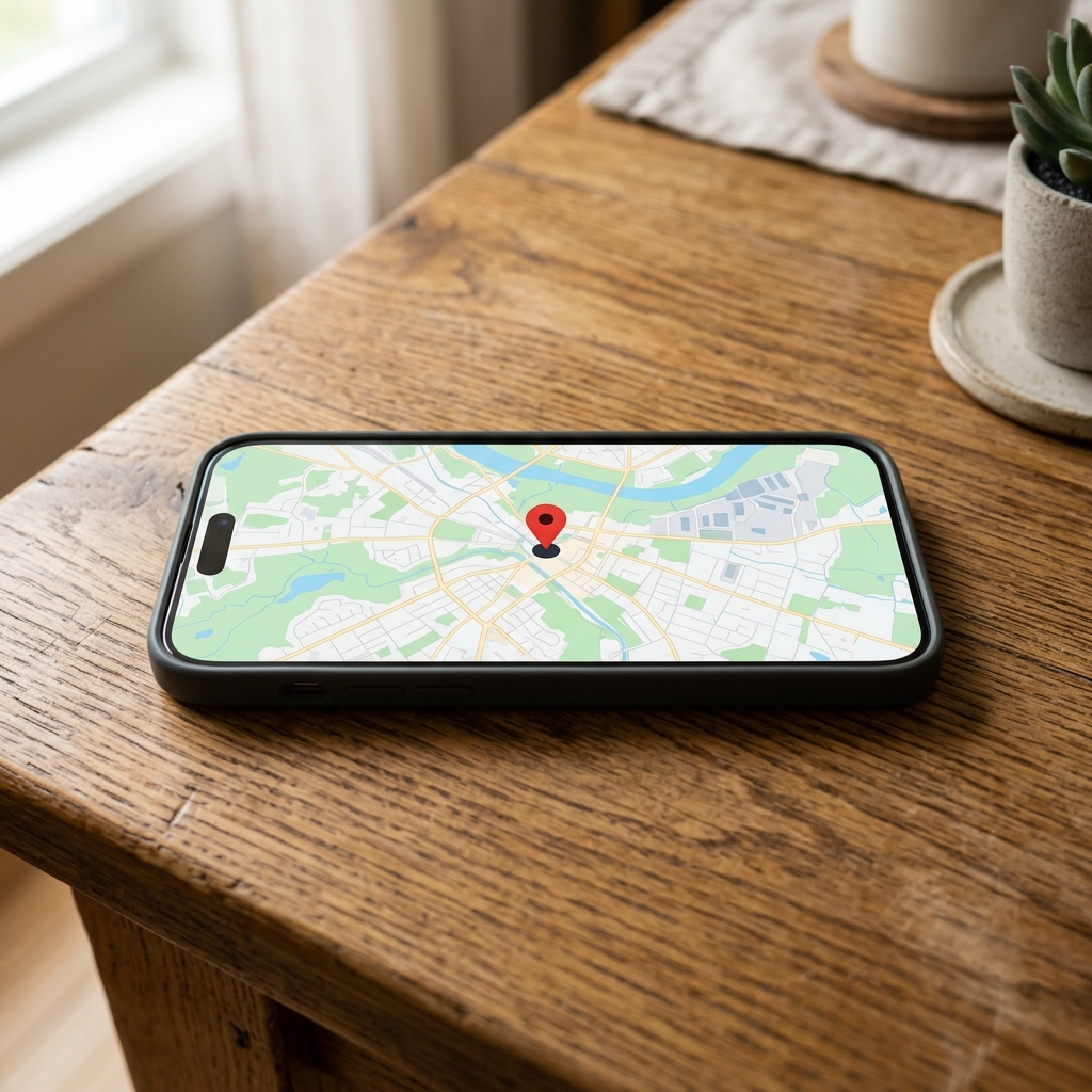 スマホの画面で地図上の現在地を確認している様子