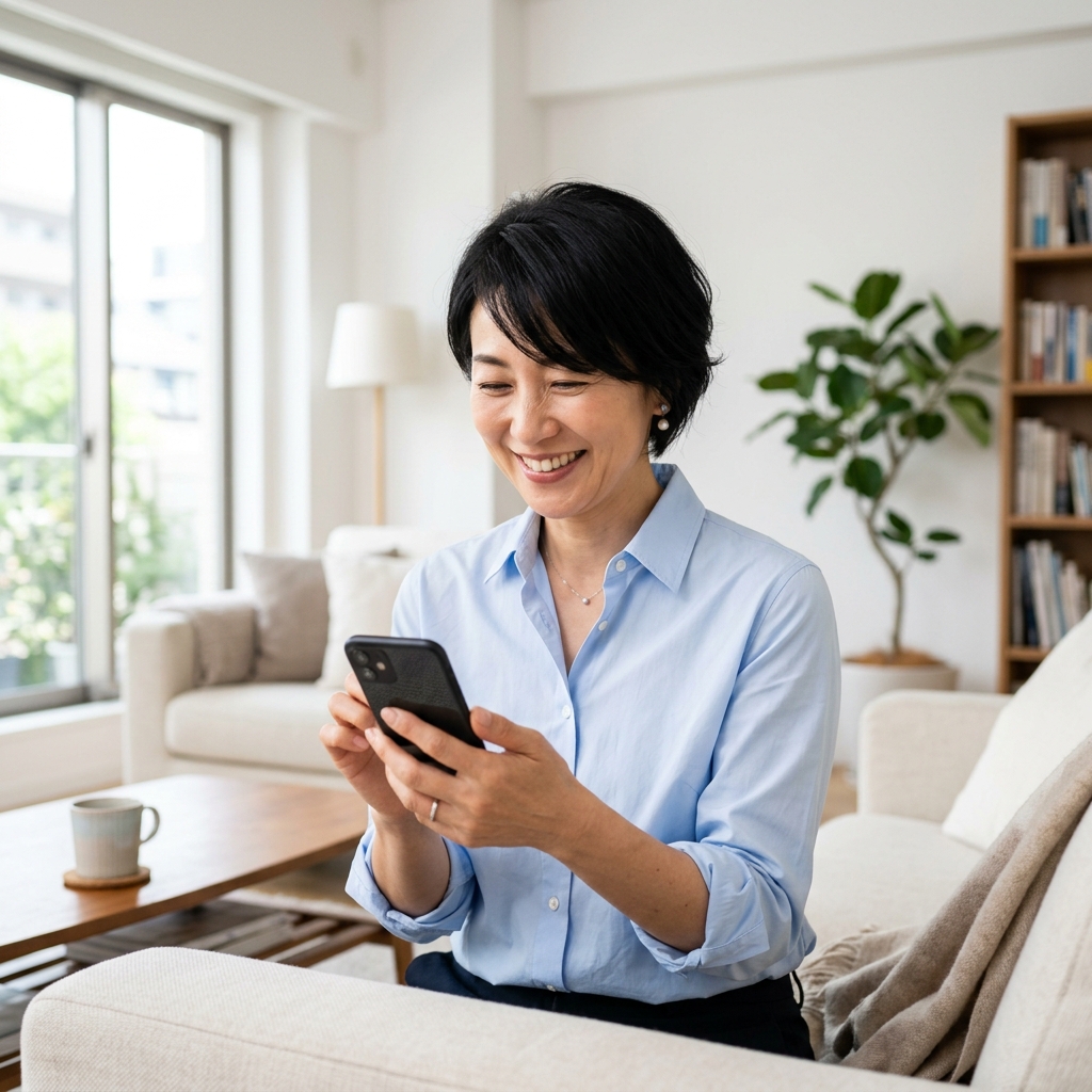 安心した笑顔でスマホを見つめる40代女性