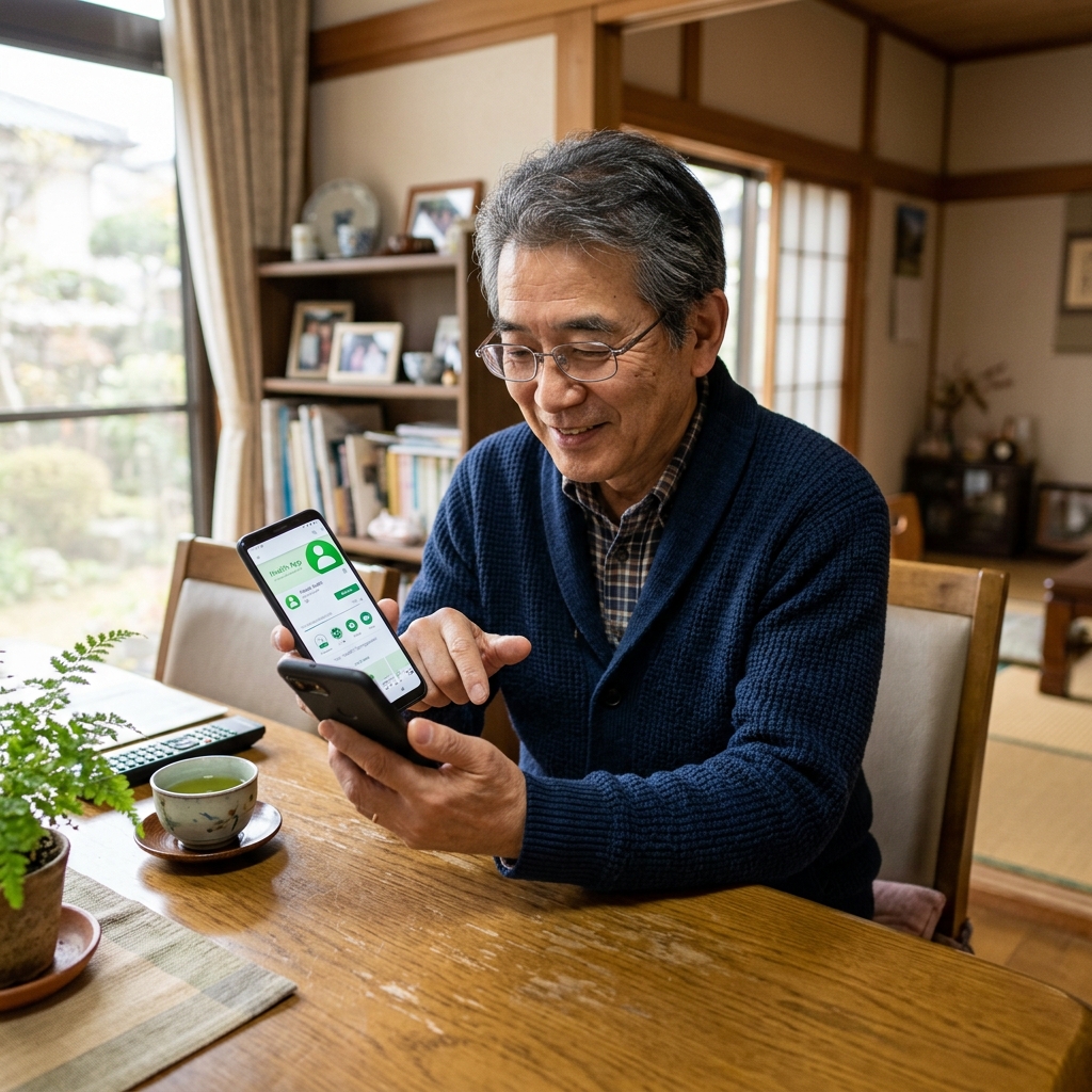 シニア日本人男性がスマホでアプリをインストールしている様子
