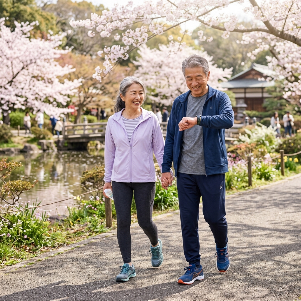公園でウォーキングを楽しむ60代日本人男女