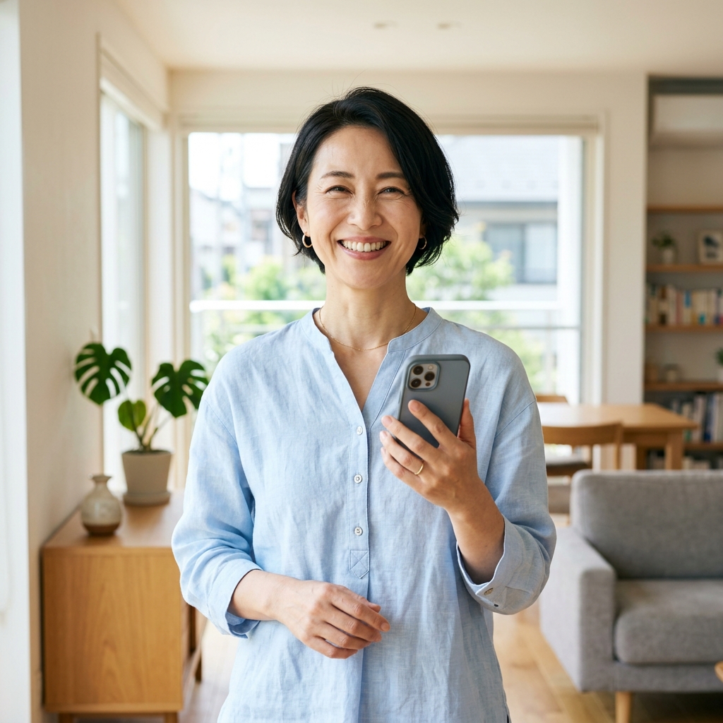 スマホを見て安堵の笑顔を浮かべる40代女性