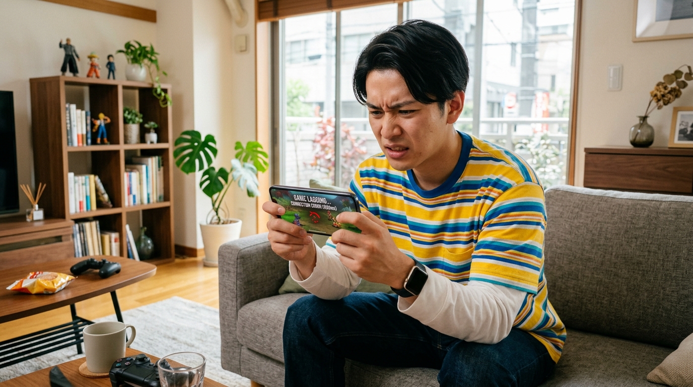 スマホゲームが重くてイライラしている男性