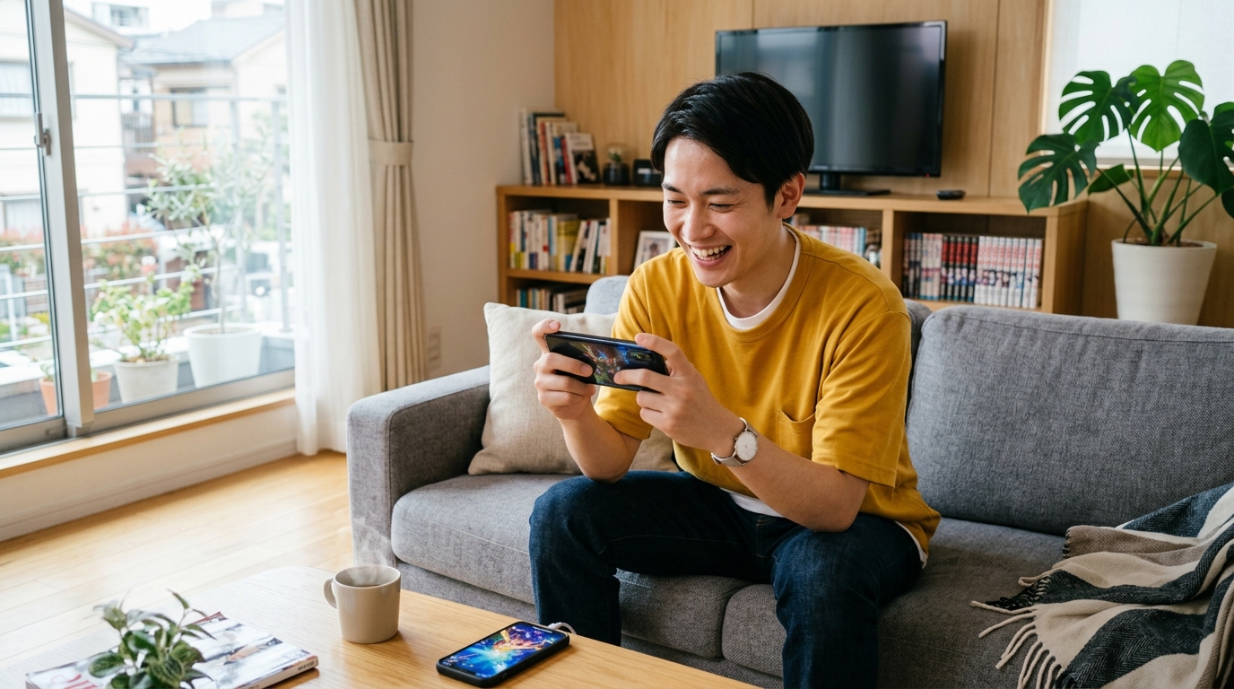 快適なスマホゲームを楽しむ男性
