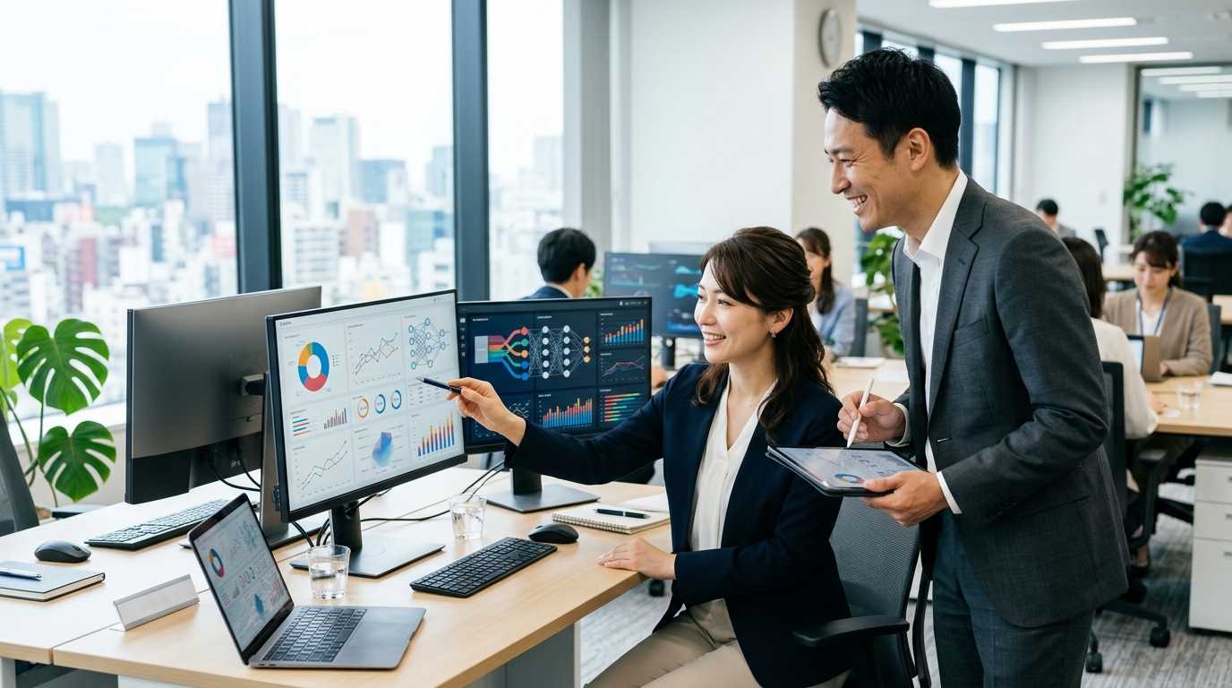 AIやデータ分析スキルを活用して活躍する社会人の様子
