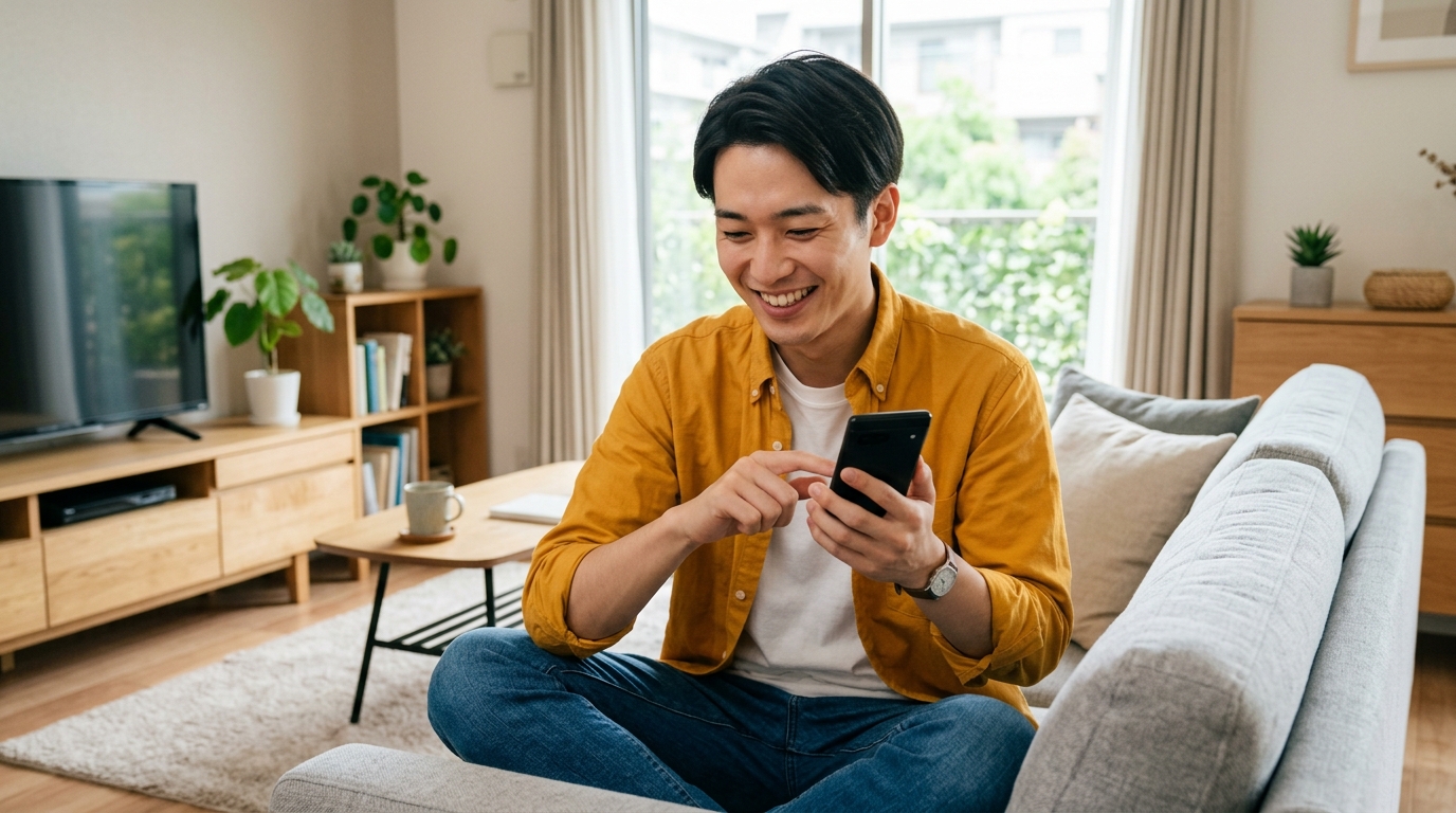 笑顔でスマホの設定を見直す男性