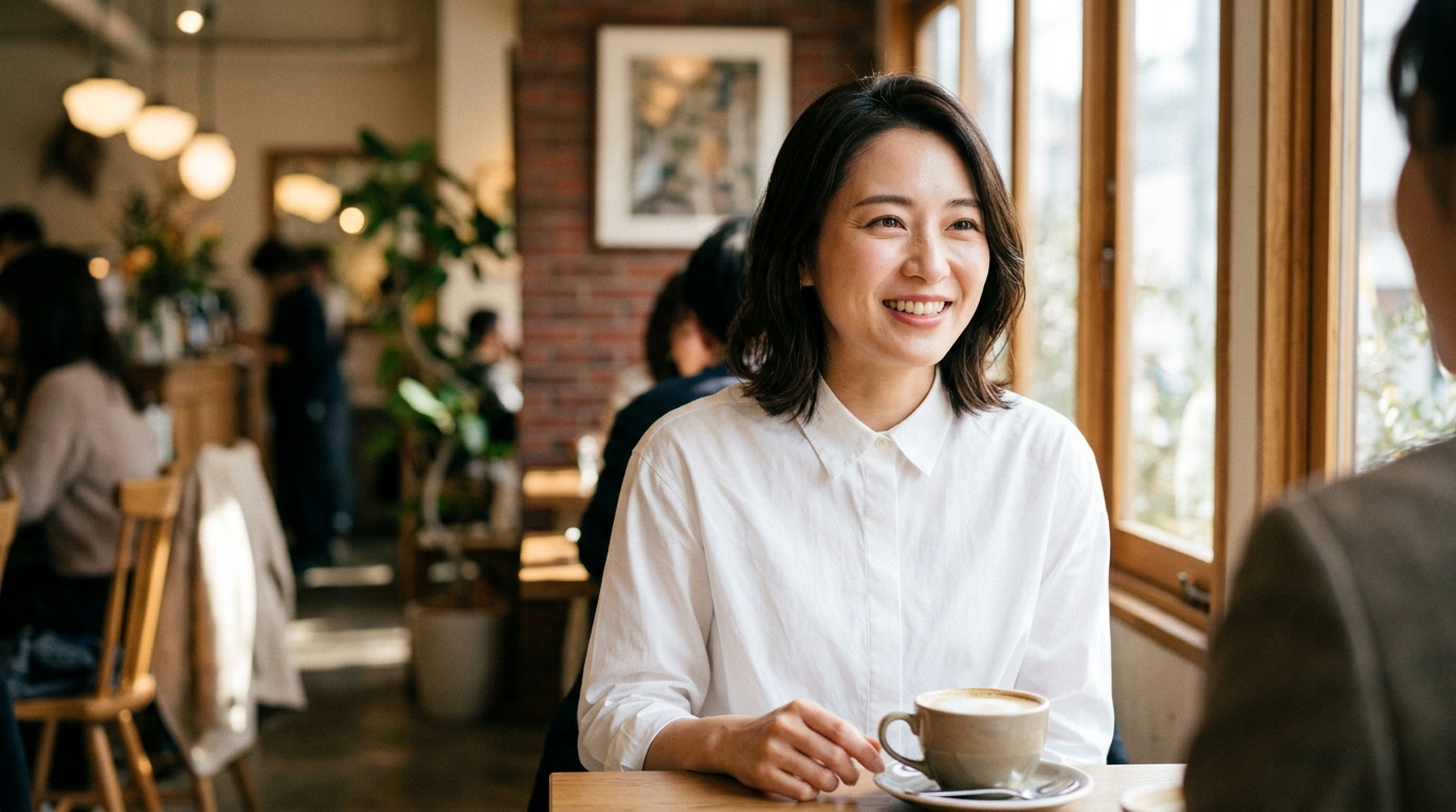 カフェで自然体で楽しく会話する女性
