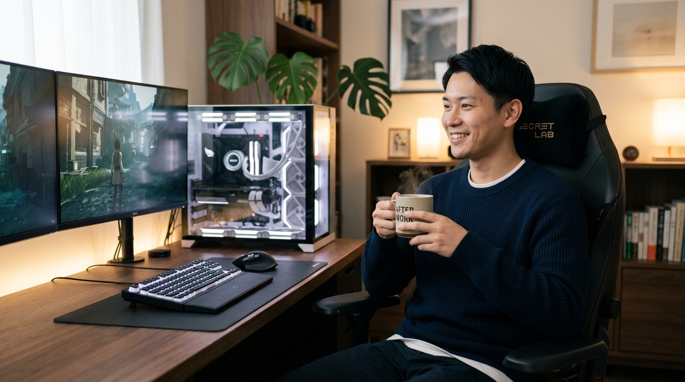 ゲーム終わりにコーヒーを飲んでリラックスする社会人