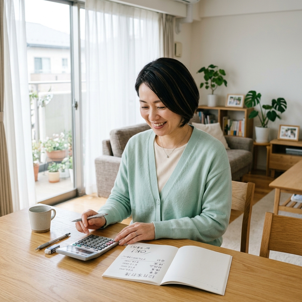 予算を計算して笑顔の母親