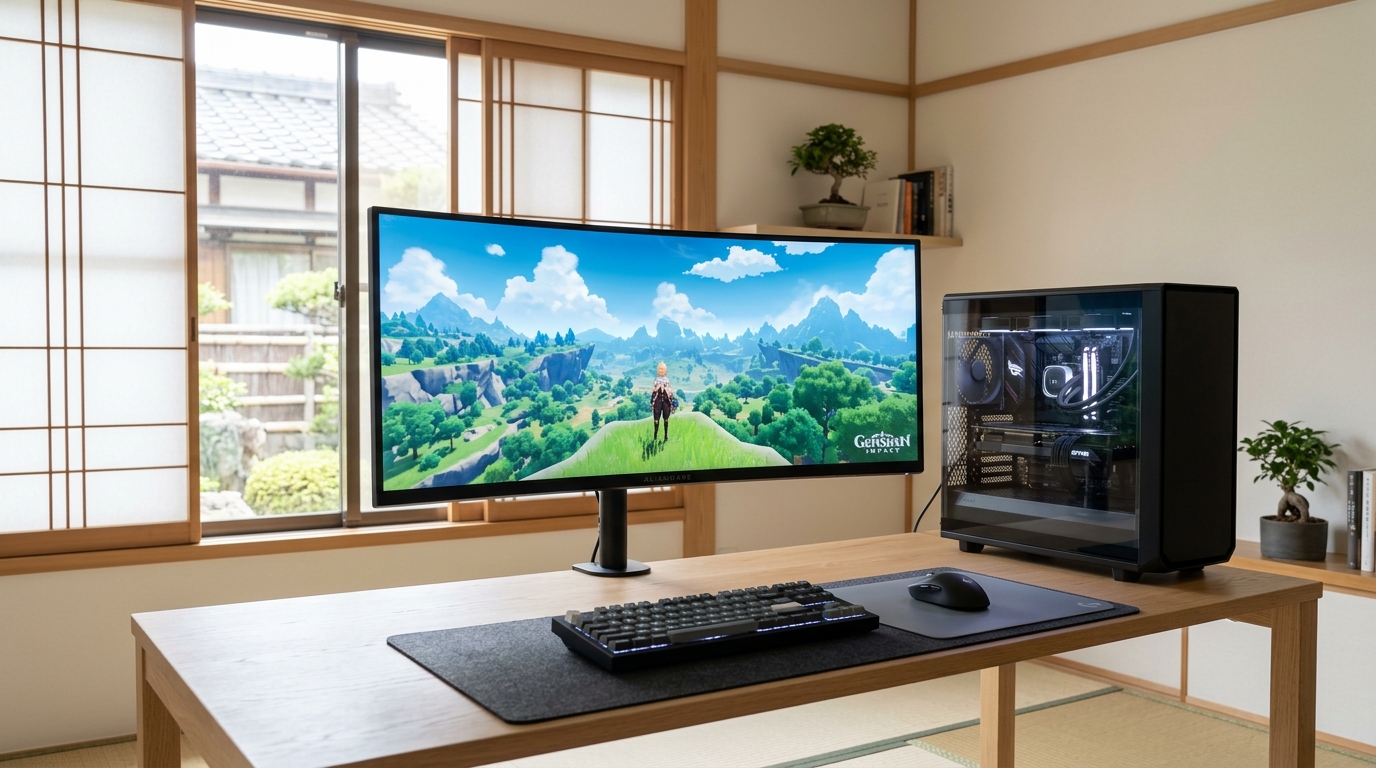 和室にあるシンプルで美しいゲーミングPCデスク環境