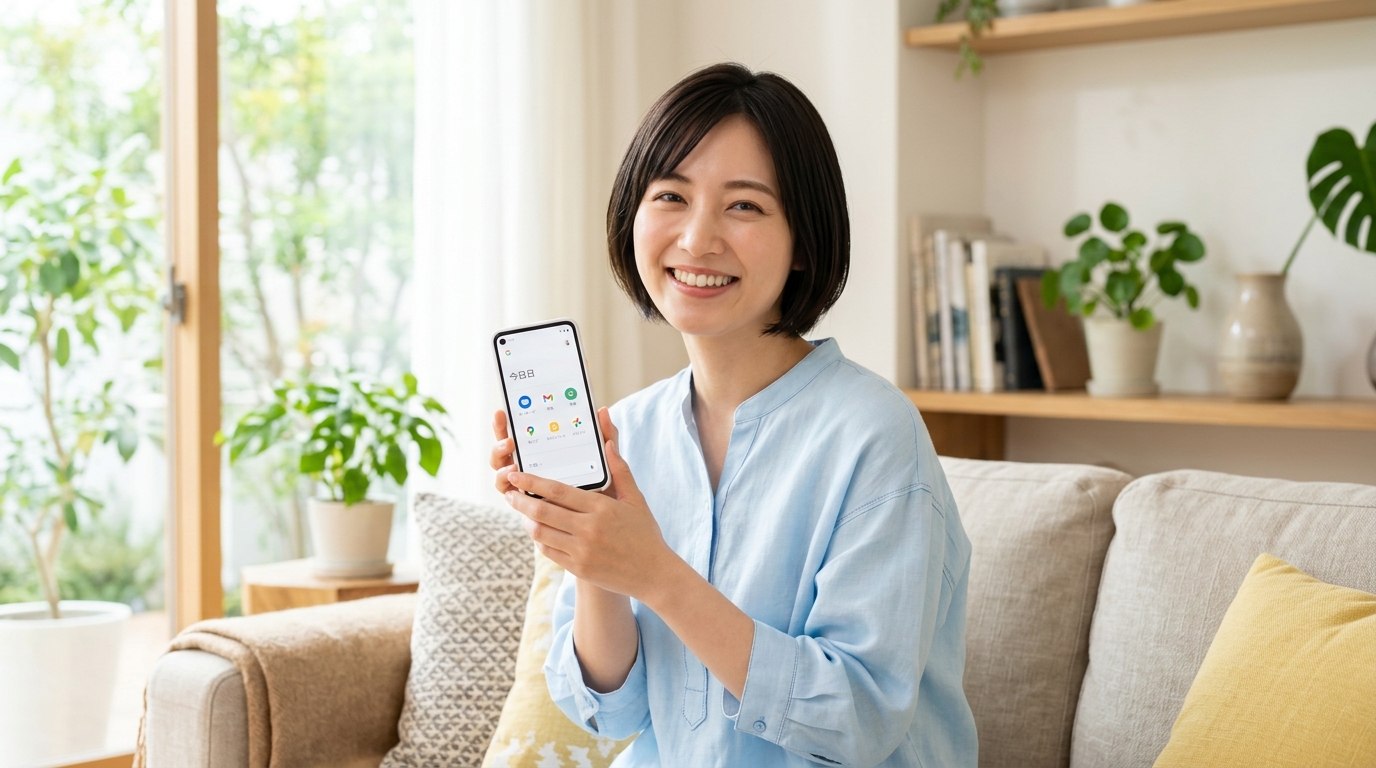 スマホで全自動アプリを使う女性
