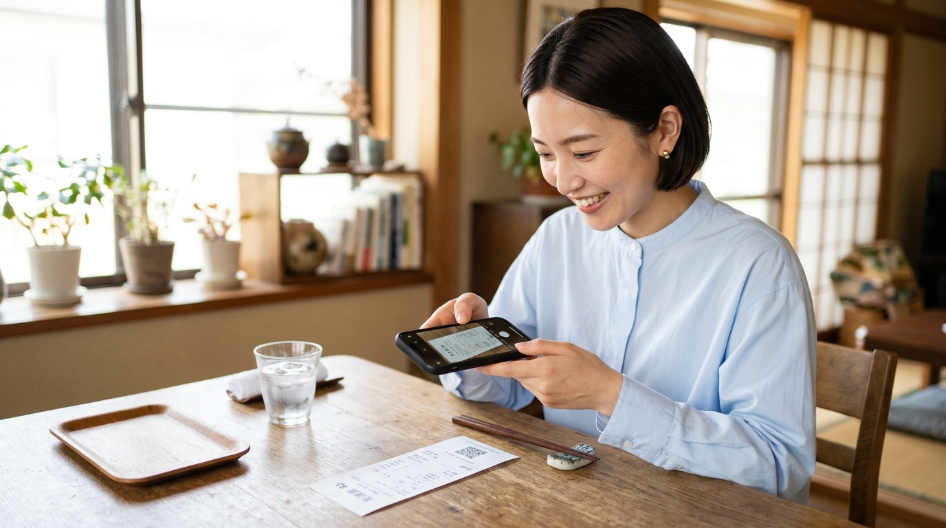 レシートをスマホで撮影する女性