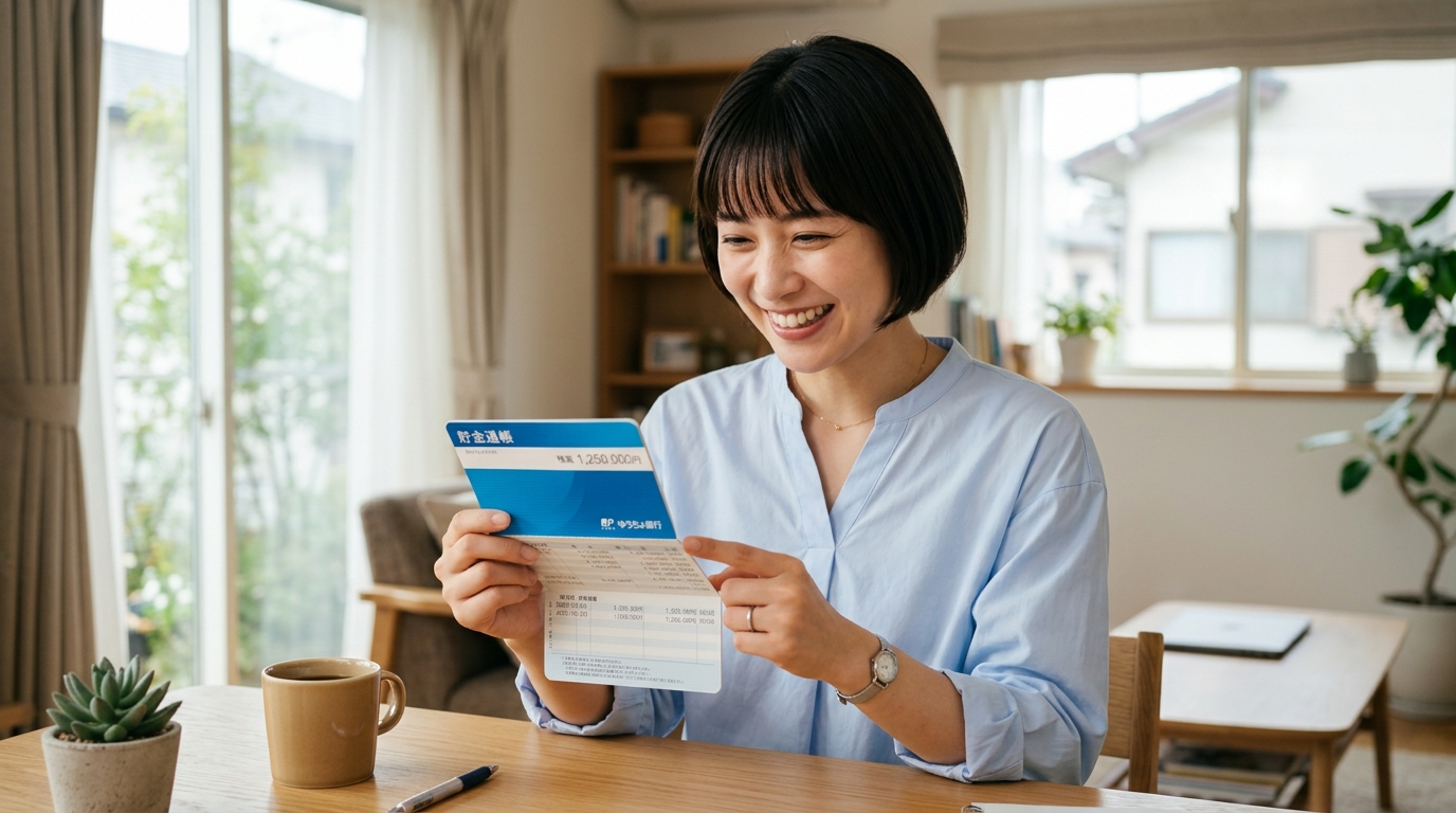 家計簿アプリで貯金が貯まり喜ぶ女性