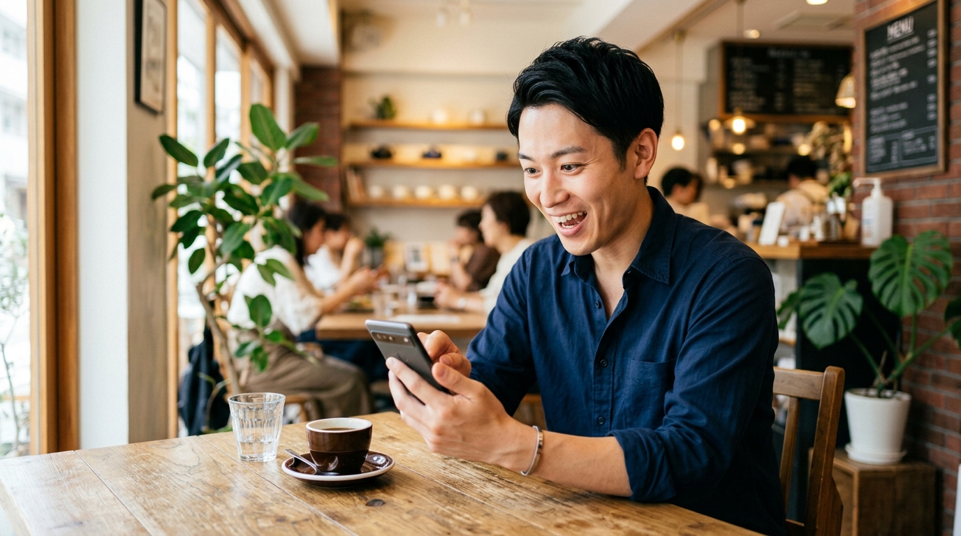 おすすめスマホアプリをカフェで探す爽やかな男性