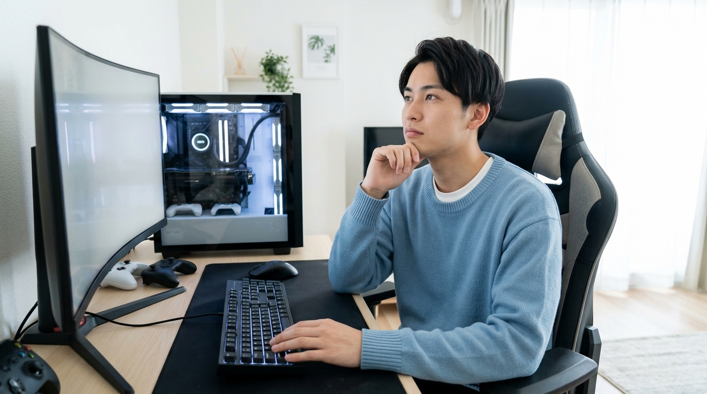 PCの前で悩む男性