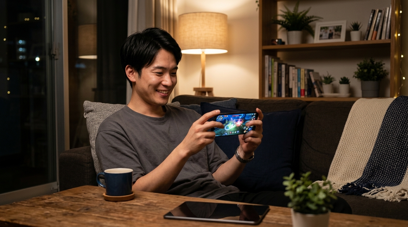 夜のリラックスタイムにスマホゲームに没頭する男性