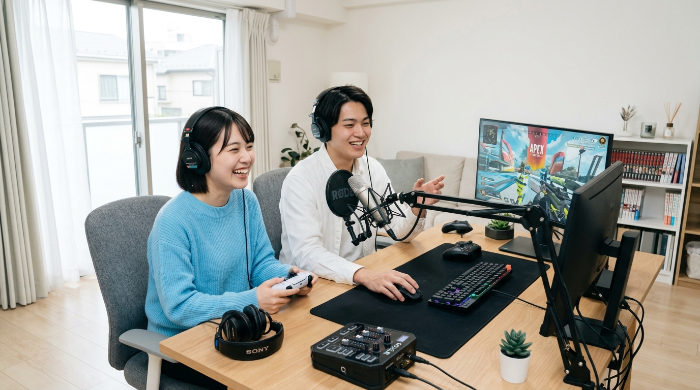 楽しくPCゲームと配信をする男女