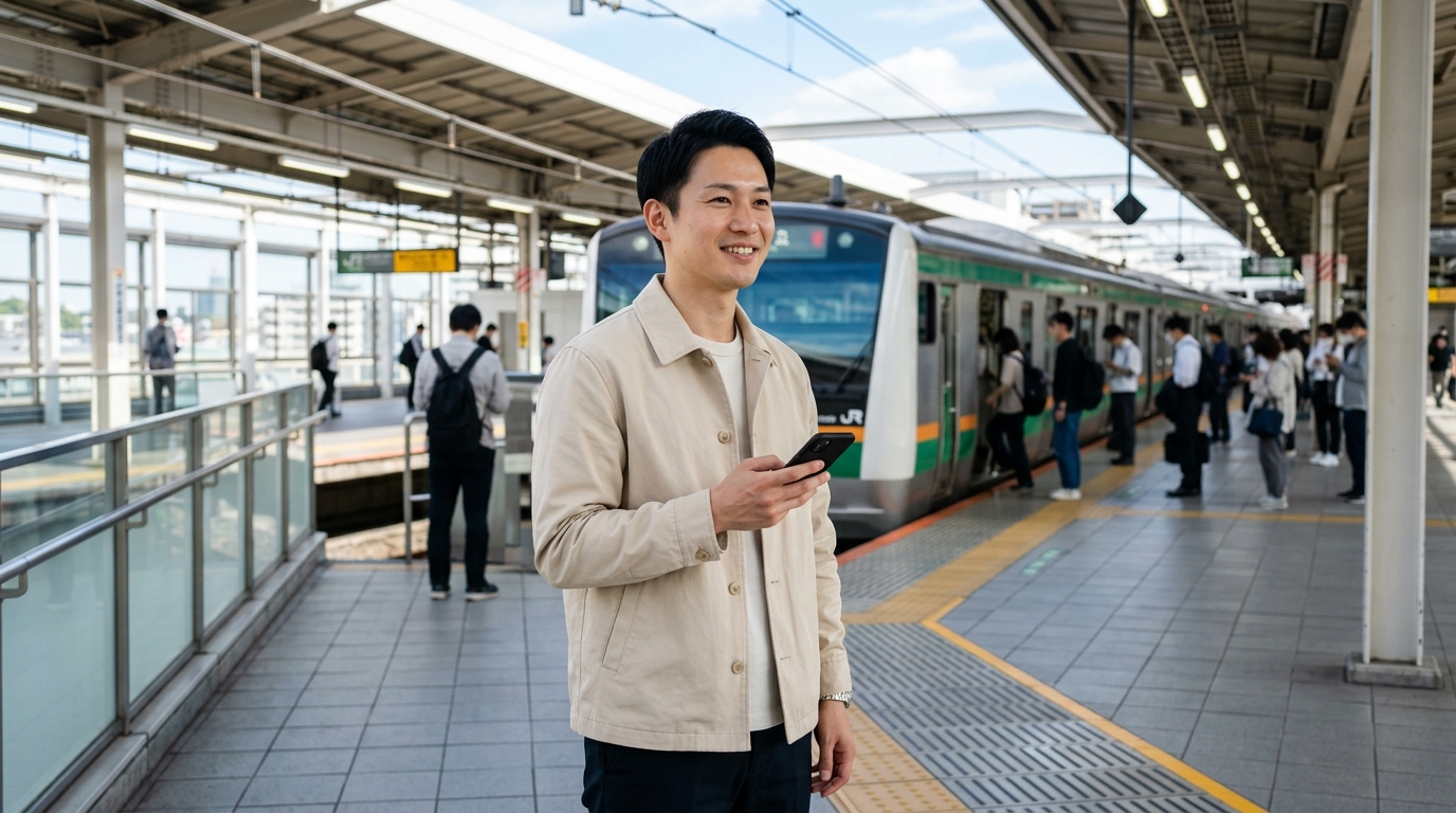 通勤・通学の移動中に手軽にスマホを操作する男性