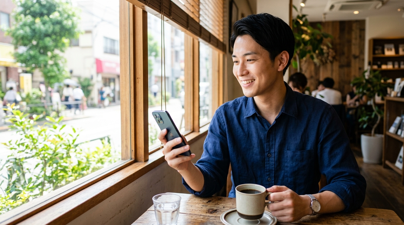 カフェの窓際でマッチングアプリや便利アプリを楽しくチェックする男性