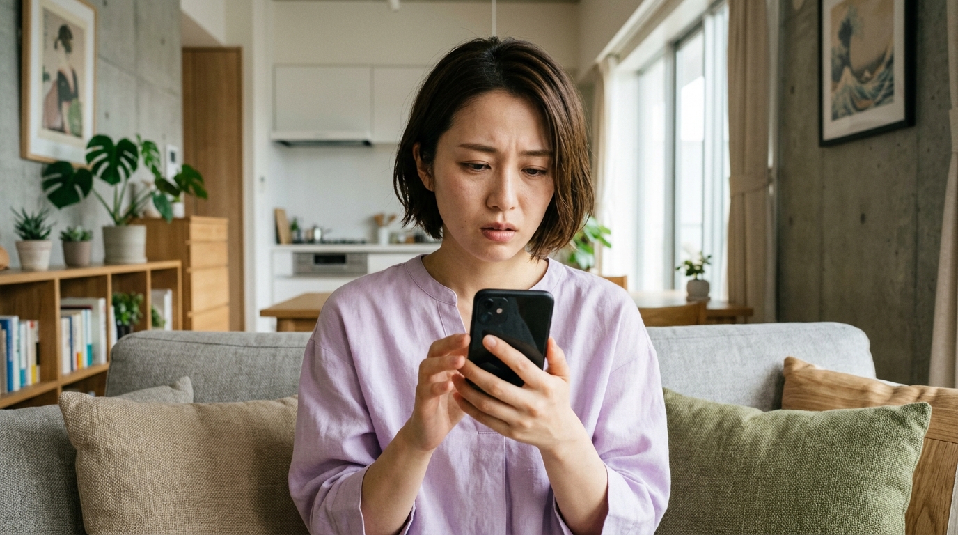 設定が面倒でスマホを眺める女性