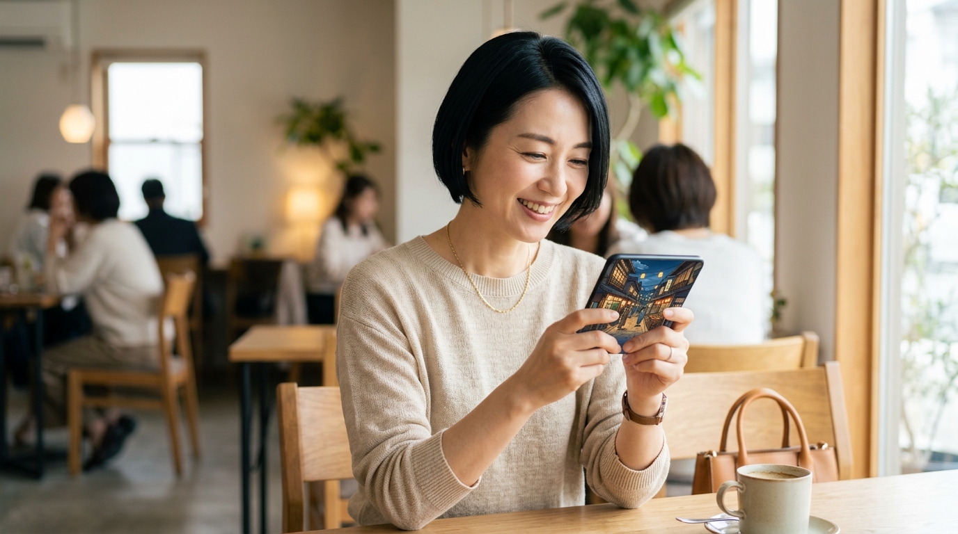 カフェでリラックスしながら商人放浪記をプレイ