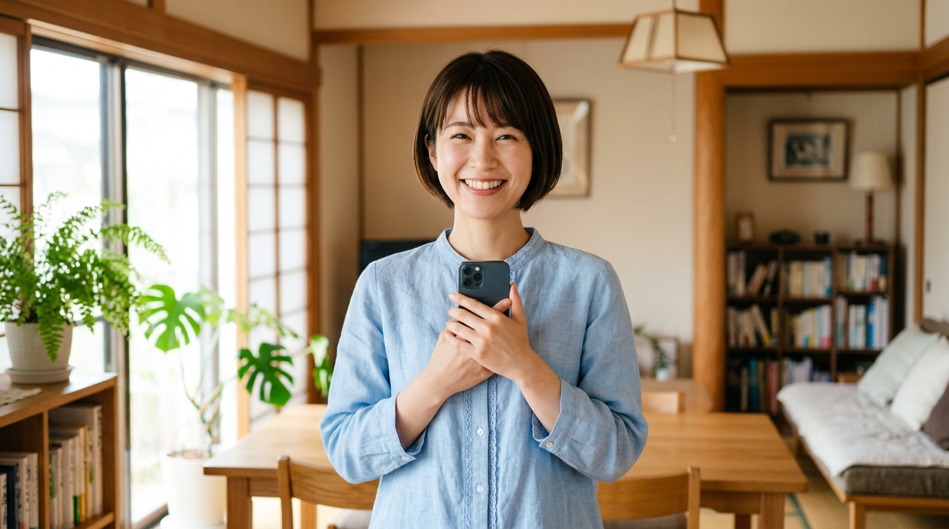 笑顔でスマホを見る女性