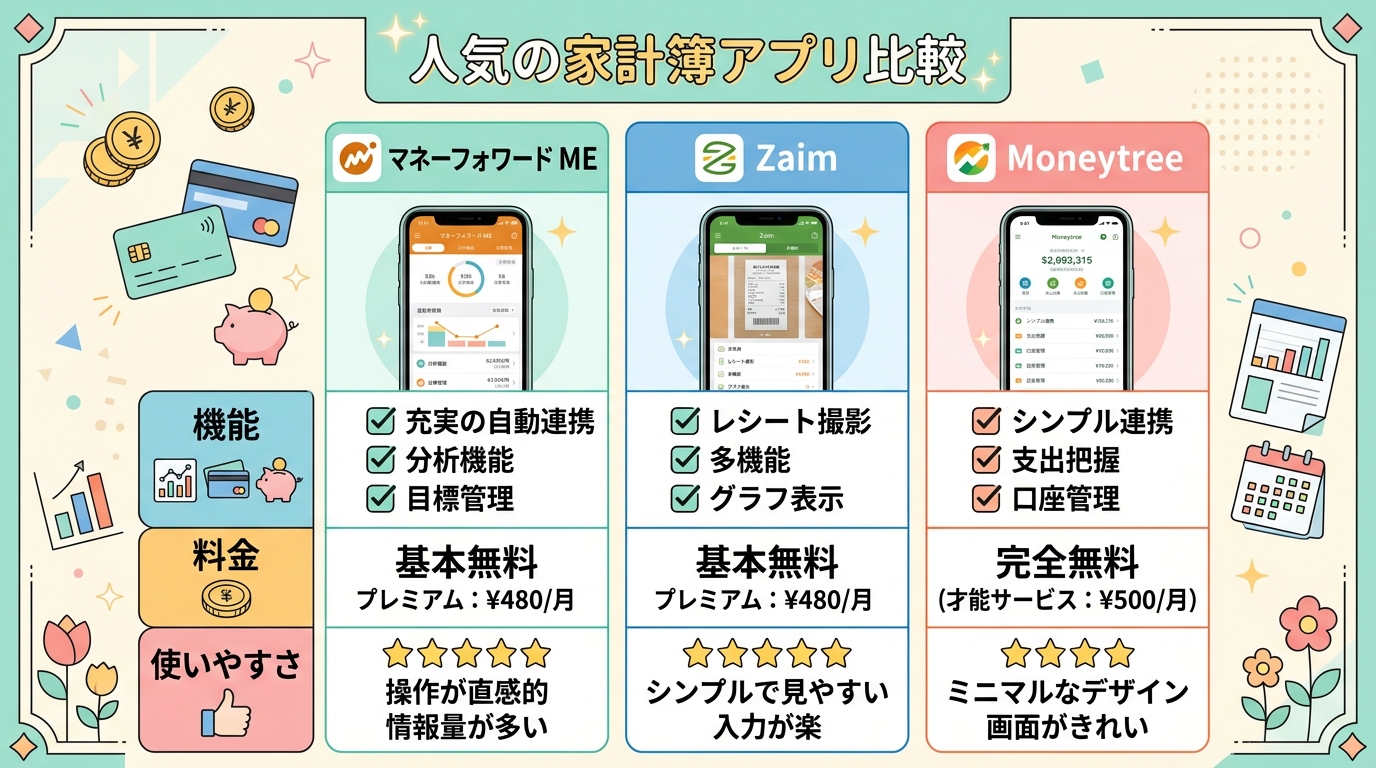 マネーフォワード、Zaim、Moneytreeの比較インフォグラフィック