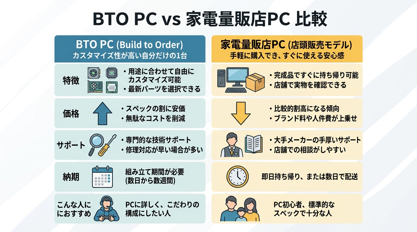 BTOパソコンと家電量販店PCの比較図