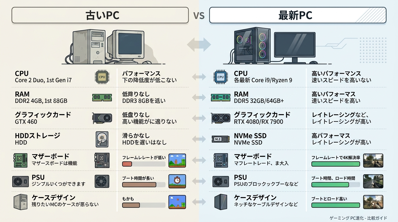 古いゲーミングPCと最新ゲーミングPCの比較表