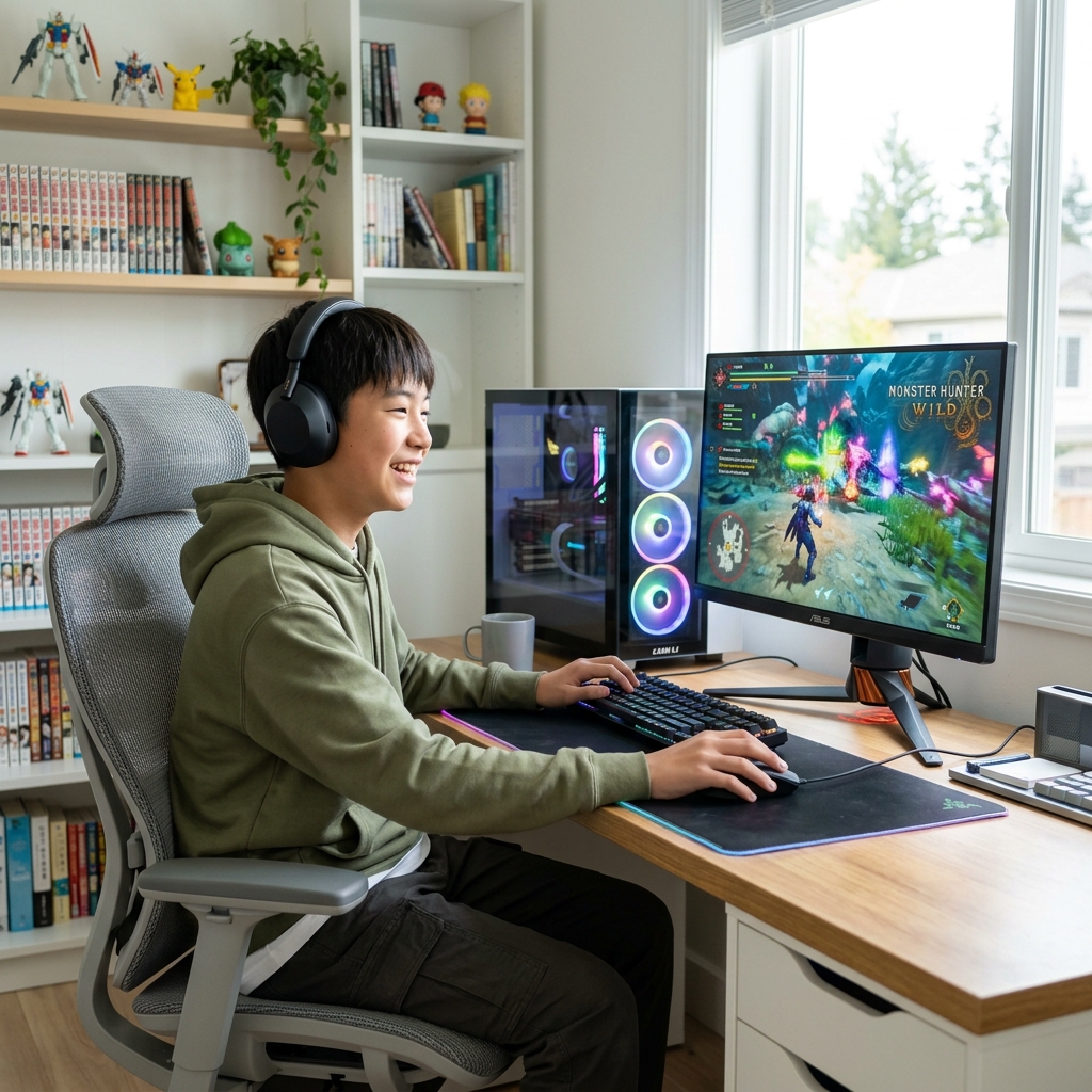 ゲーミングPCで楽しく遊ぶ中学生男子