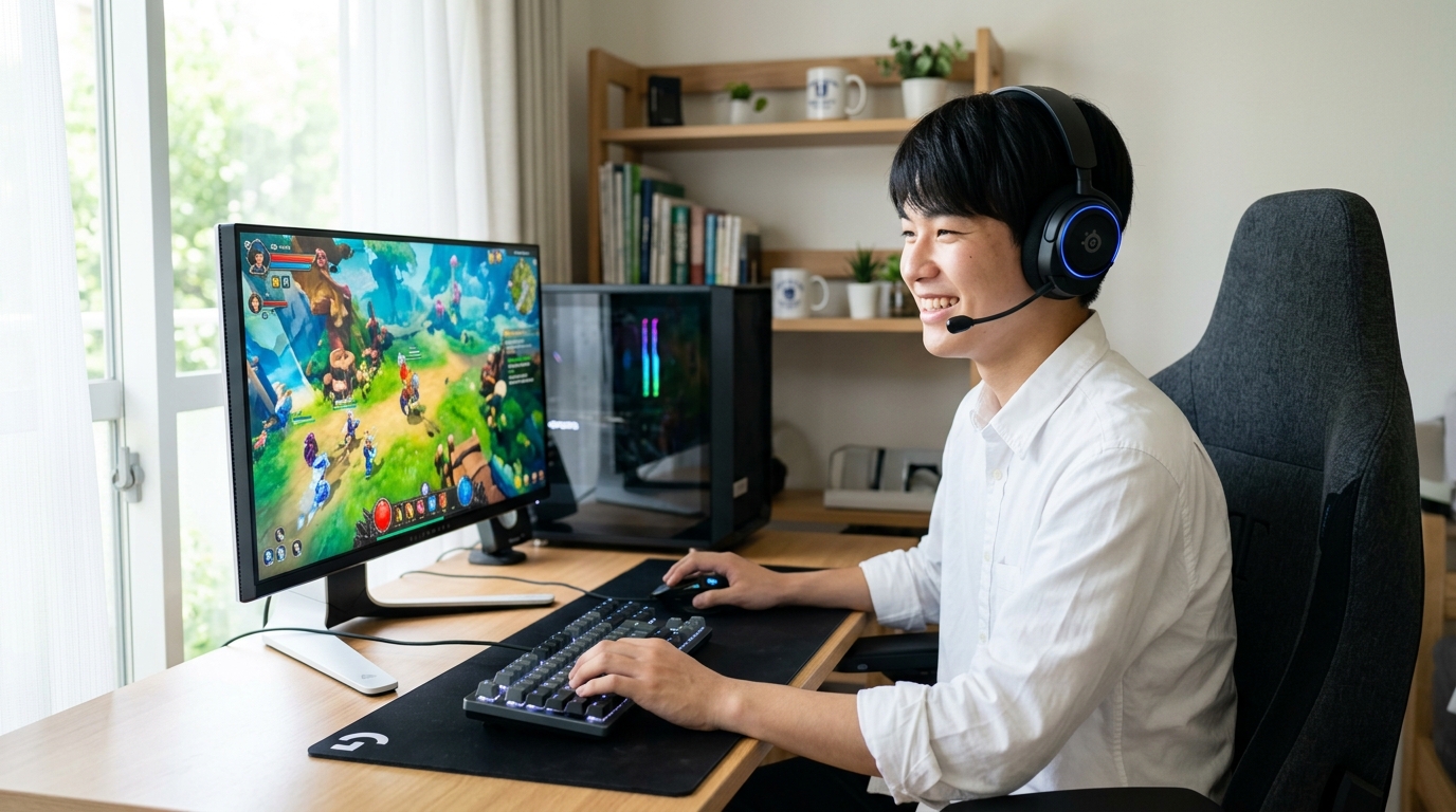 ヘッドセットをつけて笑顔でPCゲームをプレイする学生