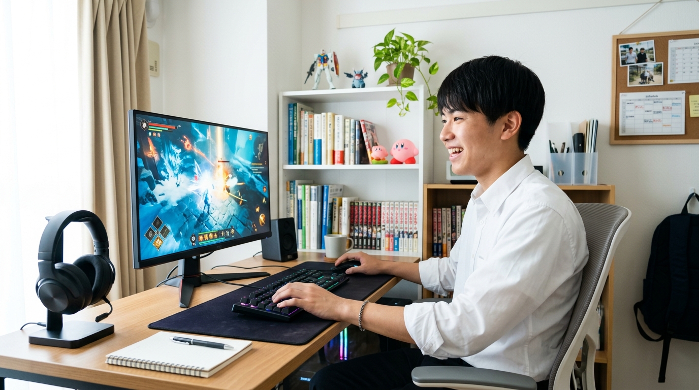 ゲーミングPCのモニターを見て興奮する男子学生