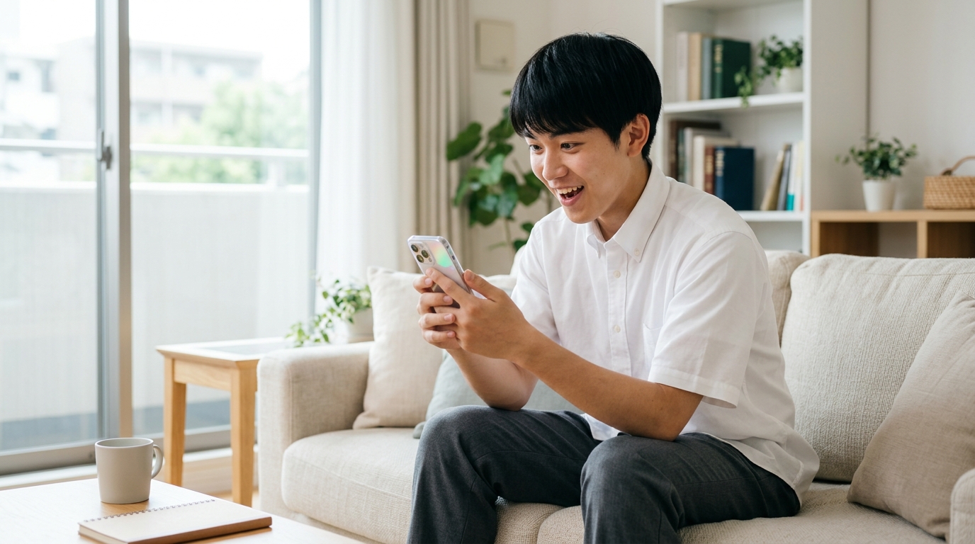 スマホで驚くべき安さのセール情報を見て喜ぶ男子学生