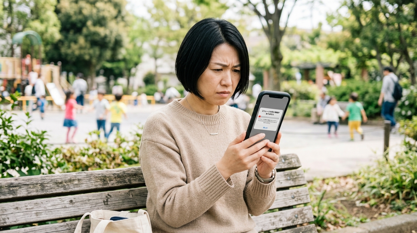 公園のベンチでスマホを見て焦る女性