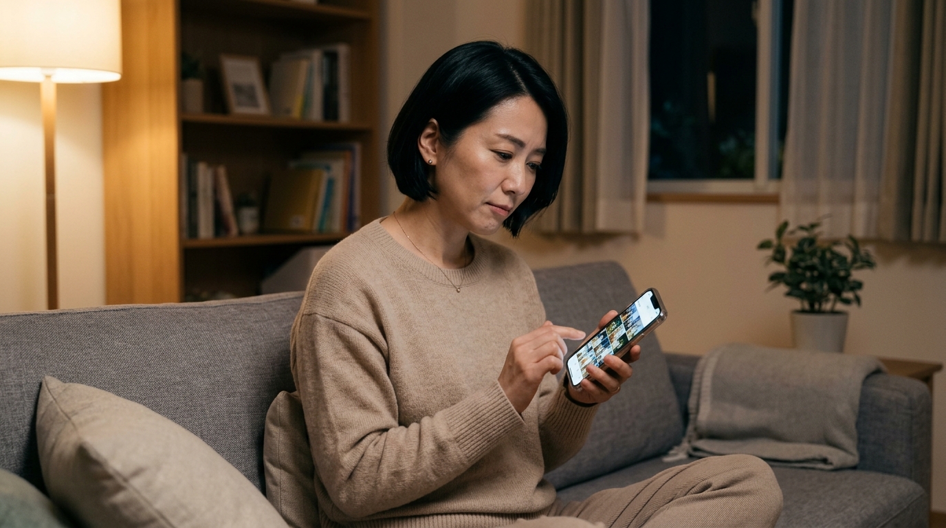 夜のリビングでスマホの写真を整理しながら悩む女性