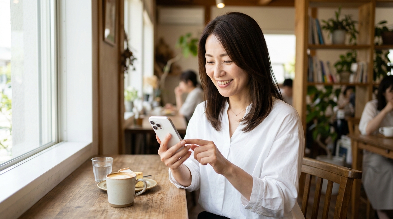 カフェでスマホの写真を整理して安心する女性