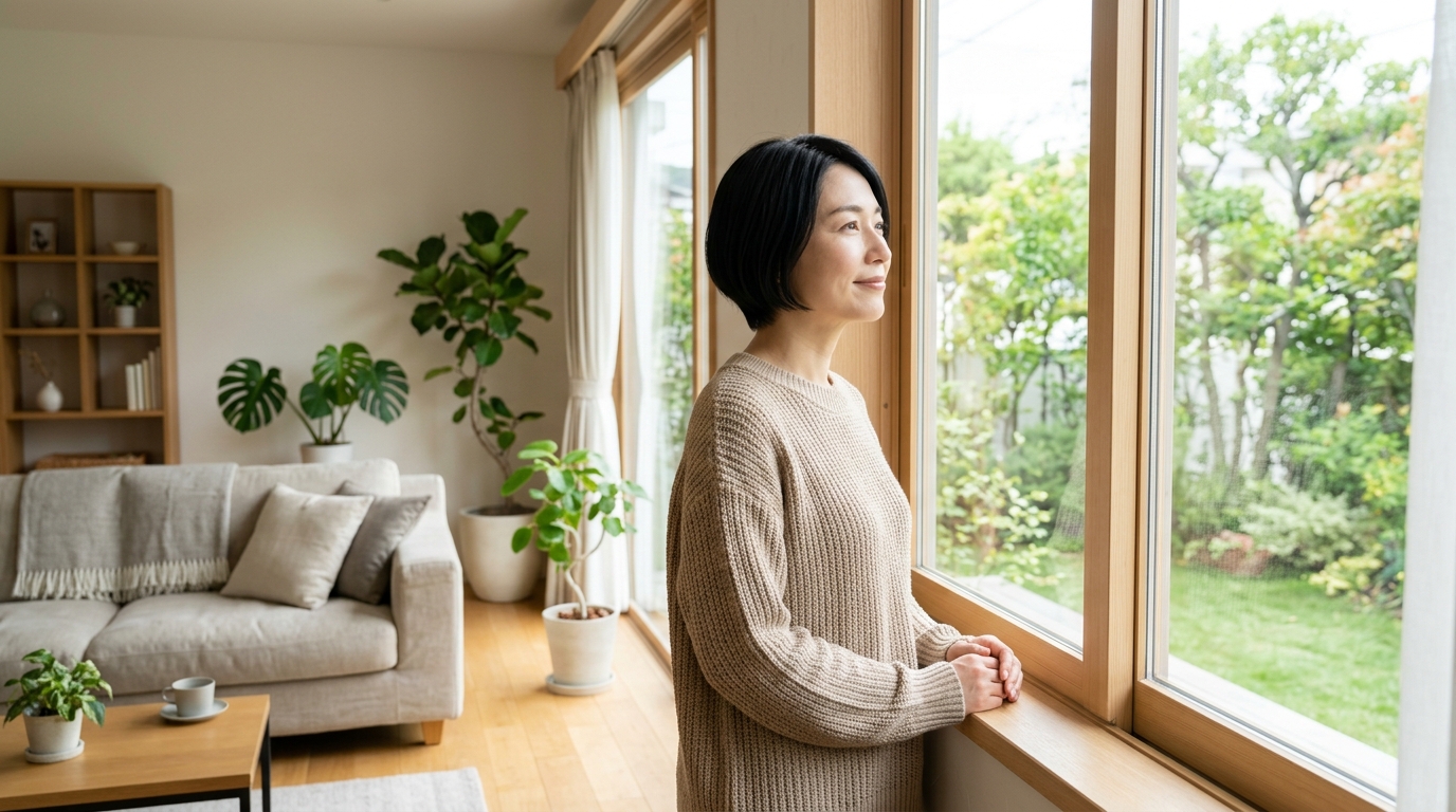 休日のリビングで肩の荷が下りたような穏やかな表情の女性