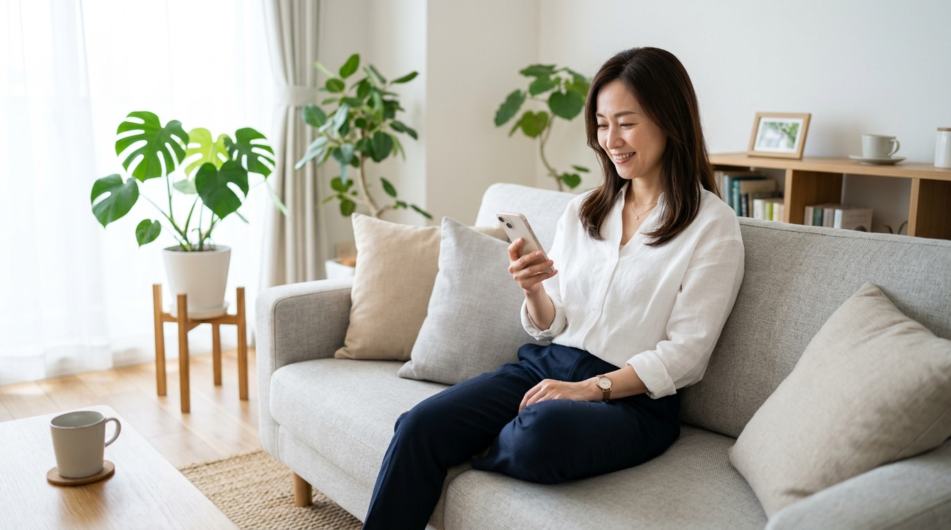 ソファでリラックスしながらスマホを見る女性