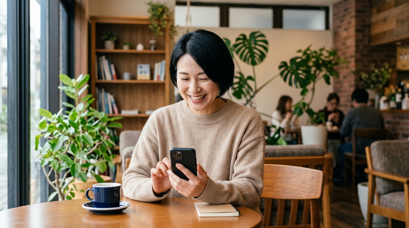 カフェでスマホを見て安心した笑顔の女性