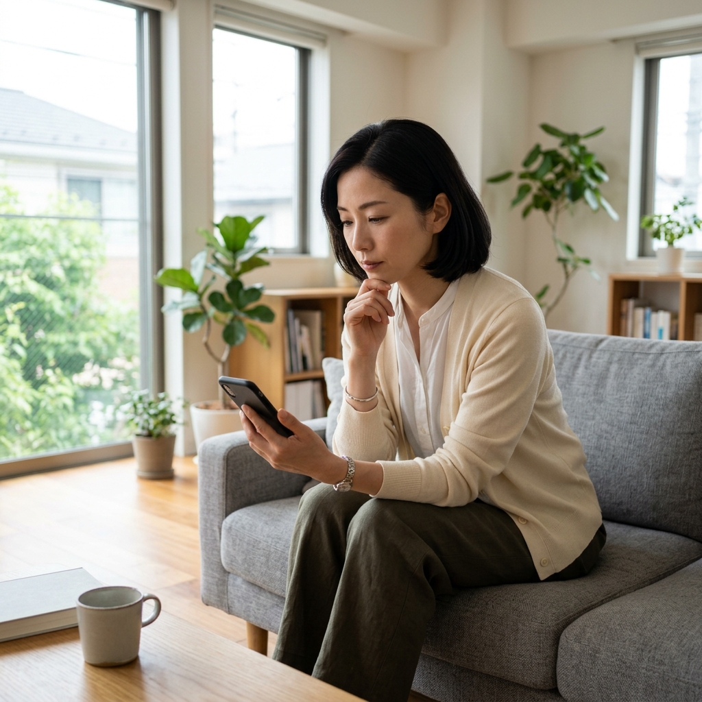 脱出ゲームの謎解きに悩む女性