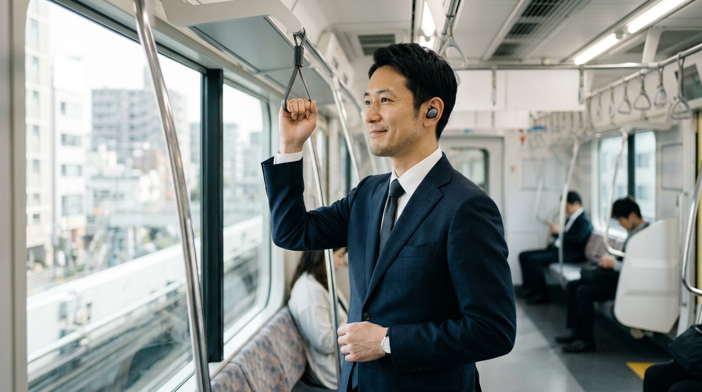 通勤電車の中でイヤホンを装着しオーディオブックを聴く40代男性