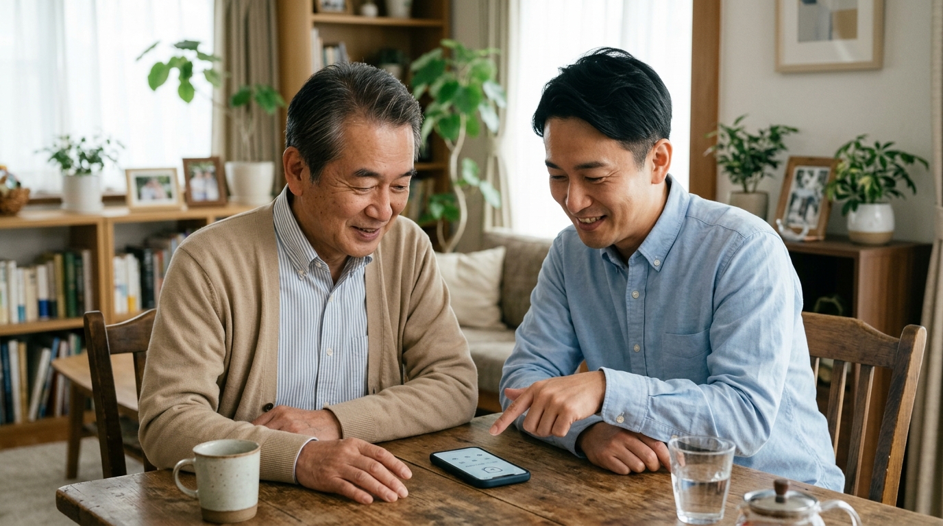 実家のリビングで親の隣に座りスマホの防犯設定を優しく行う子世代の様子